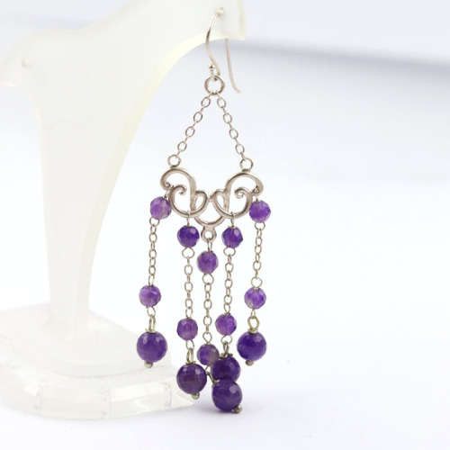 GLAMOROUS NATURAL AMETHYST BEAD STERLING SILVER CHANDELIER EARRINGS. 8CM LONG! 925