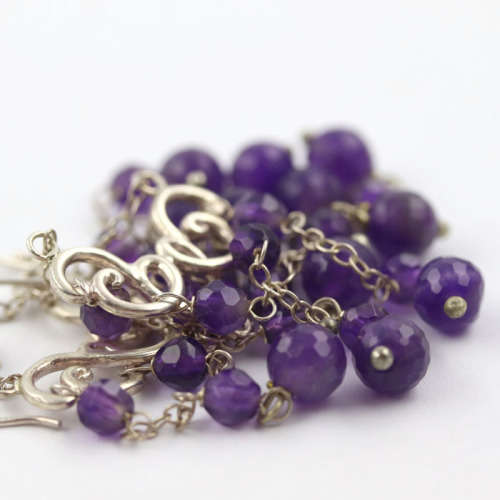 GLAMOROUS NATURAL AMETHYST BEAD STERLING SILVER CHANDELIER EARRINGS. 8CM LONG! 925
