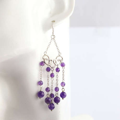 GLAMOROUS NATURAL AMETHYST BEAD STERLING SILVER CHANDELIER EARRINGS. 8CM LONG! 925