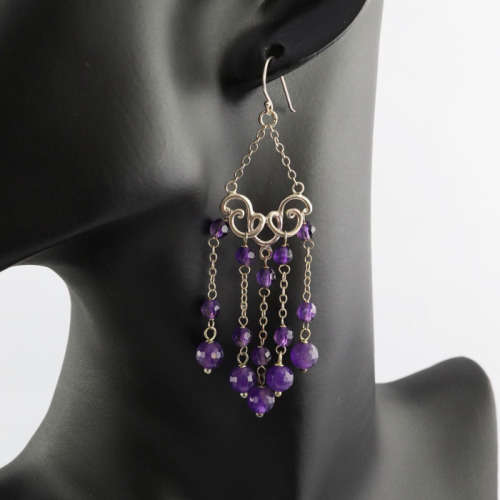 GLAMOROUS NATURAL AMETHYST BEAD STERLING SILVER CHANDELIER EARRINGS. 8CM LONG! 925