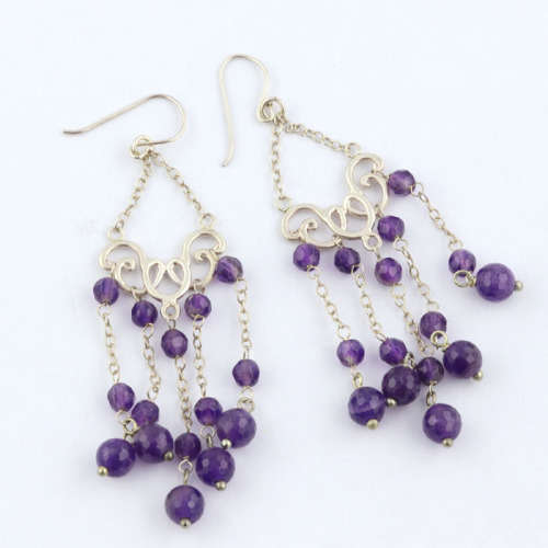 GLAMOROUS NATURAL AMETHYST BEAD STERLING SILVER CHANDELIER EARRINGS. 8CM LONG! 925