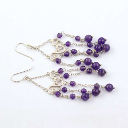 GLAMOROUS NATURAL AMETHYST BEAD STERLING SILVER CHANDELIER EARRINGS. 8CM LONG! 925