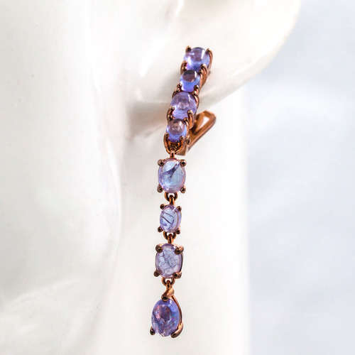STRIKING TANZANITE AND ROSE GOLD-GILDED STERLING SILVER DROP AND DANGLE EARRINGS. 925