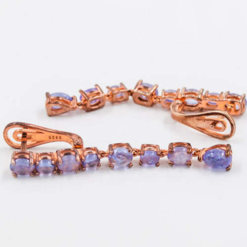 STRIKING TANZANITE AND ROSE GOLD-GILDED STERLING SILVER DROP AND DANGLE EARRINGS. 925