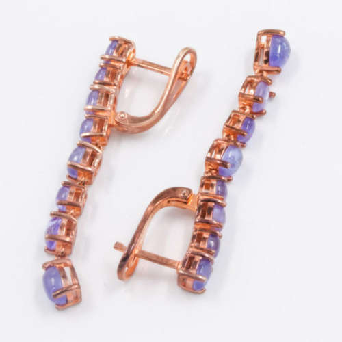STRIKING TANZANITE AND ROSE GOLD-GILDED STERLING SILVER DROP AND DANGLE EARRINGS. 925