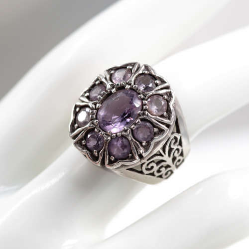 BOLD AMETHYST STERLING SILVER BROAD BAND RING. 925. HEAVY! OPENWORK SHOULDER DETAIL