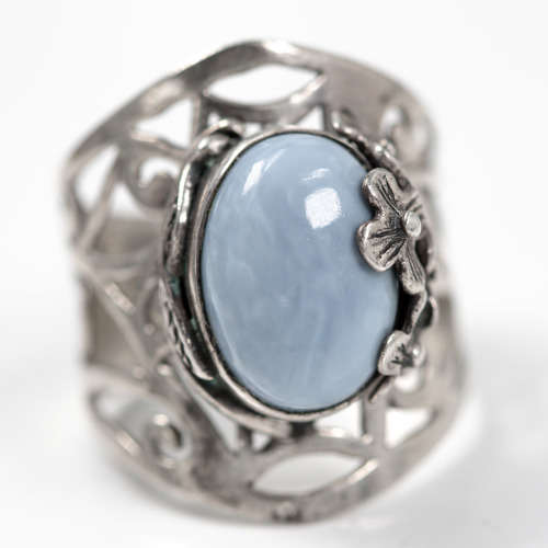 NATURAL BLUE LACE AGATE STERLING SILVER BROAD BAND RING. 925. HEAVY! OPENWORK DETAIL