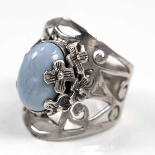NATURAL BLUE LACE AGATE STERLING SILVER BROAD BAND RING. 925. HEAVY! OPENWORK DETAIL