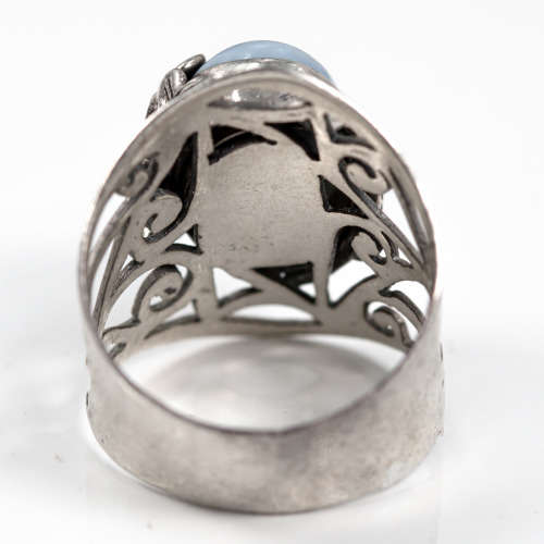 NATURAL BLUE LACE AGATE STERLING SILVER BROAD BAND RING. 925. HEAVY! OPENWORK DETAIL