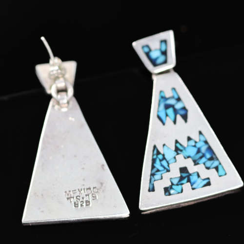 TURQUOISE AND MEXICAN STERLING SILVER EARRINGS WITH INLAY DESIGN. 925