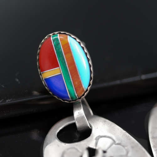 VINTAGE TURQUOISE, CORAL & LAPIS LAZULI STERLING SILVER FEATHER DESIGN DROP & DANGLE EARRINGS