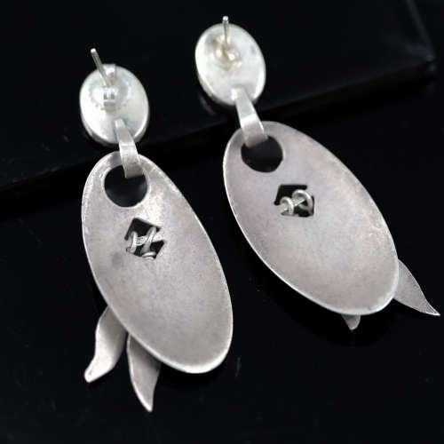 VINTAGE TURQUOISE, CORAL & LAPIS LAZULI STERLING SILVER FEATHER DESIGN DROP & DANGLE EARRINGS