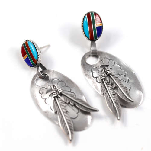 VINTAGE TURQUOISE, CORAL & LAPIS LAZULI STERLING SILVER FEATHER DESIGN DROP & DANGLE EARRINGS