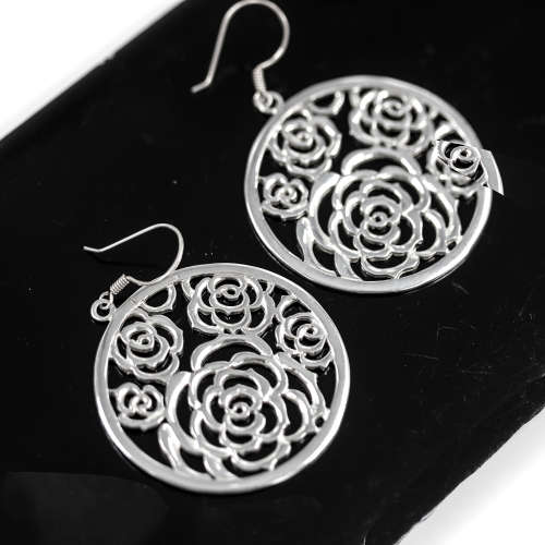 SHOWY ROSE DETAIL OPENWORK STERLING SILVER DROP & DANGLE EARRINGS. 925
