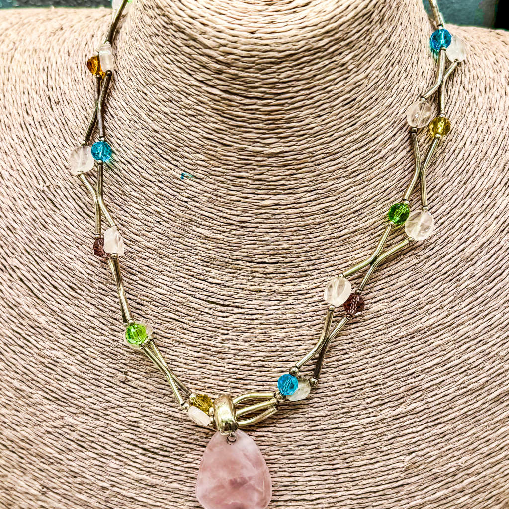 HANDCRAFTED NATURAL GEMSTONE STERLING SILVER LIQUID BEAD NECKLACE w/ROSE QUARTZ PENDANT