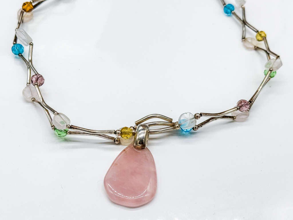HANDCRAFTED NATURAL GEMSTONE STERLING SILVER LIQUID BEAD NECKLACE w/ROSE QUARTZ PENDANT