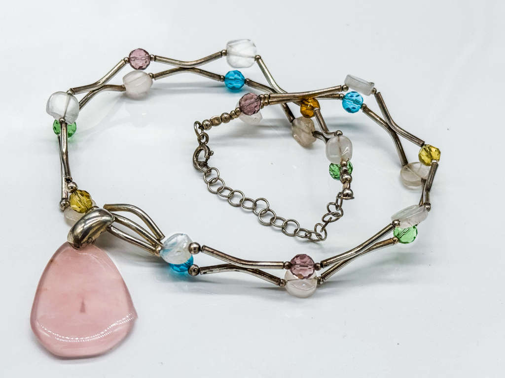 HANDCRAFTED NATURAL GEMSTONE STERLING SILVER LIQUID BEAD NECKLACE w/ROSE QUARTZ PENDANT