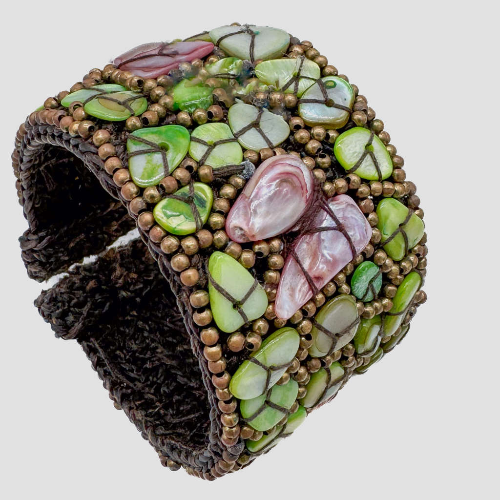 NATURAL MOTHER OF PEARL - PINK & GREEN - HANEDCRAFTED BANGLE ON HEAVY BRAID BASE