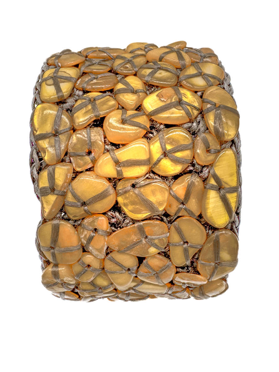 NATURAL MOTHER OF PEARL - GOLDEN ORANGE - HANDCRAFTED BANGLE ON HEAVY BRAID BASE