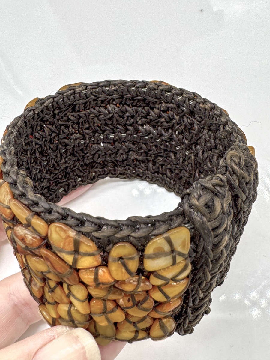 NATURAL MOTHER OF PEARL - GOLDEN ORANGE - HANDCRAFTED BANGLE ON HEAVY BRAID BASE