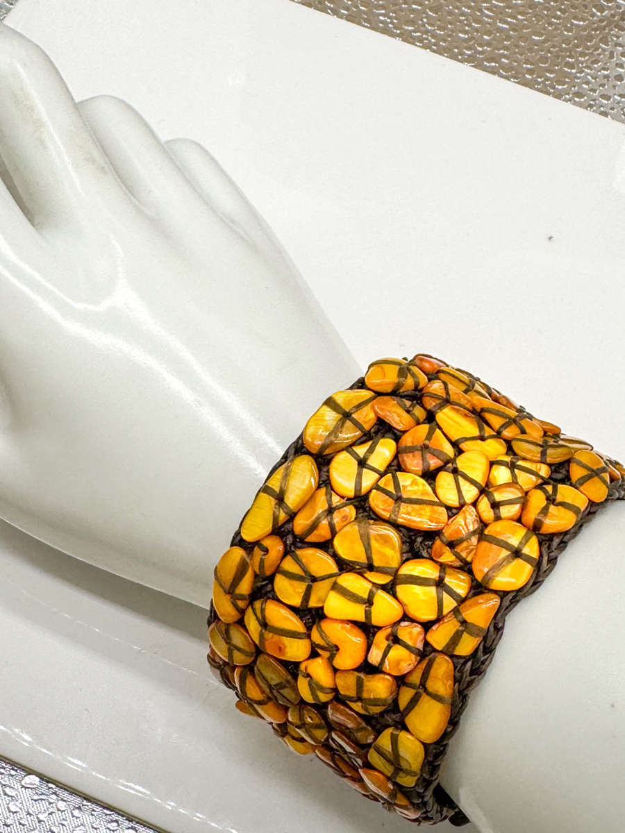 NATURAL MOTHER OF PEARL - GOLDEN ORANGE - HANDCRAFTED BANGLE ON HEAVY BRAID BASE