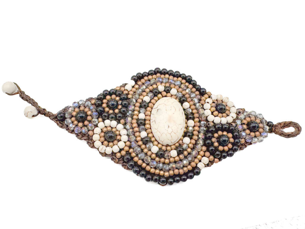 HANDCRAFTED - UNUSUAL GLASS AND BEAD BRACELET ON HEAVY BRAIDED BASE