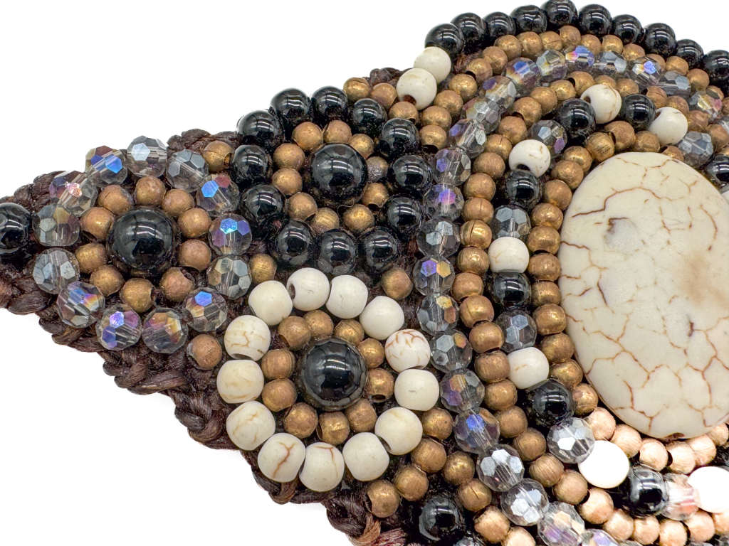 HANDCRAFTED - UNUSUAL GLASS AND BEAD BRACELET ON HEAVY BRAIDED BASE