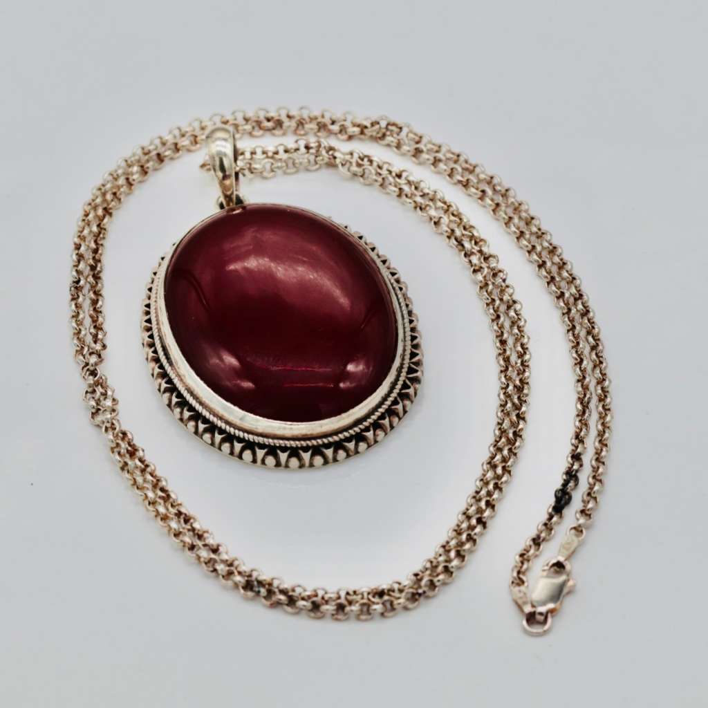 LARGE NATURAL CARNELIAN GEMSTONE SOLID STERLING SILVER PENDANT NECKLACE on LONG THICK STERLING CHAIN