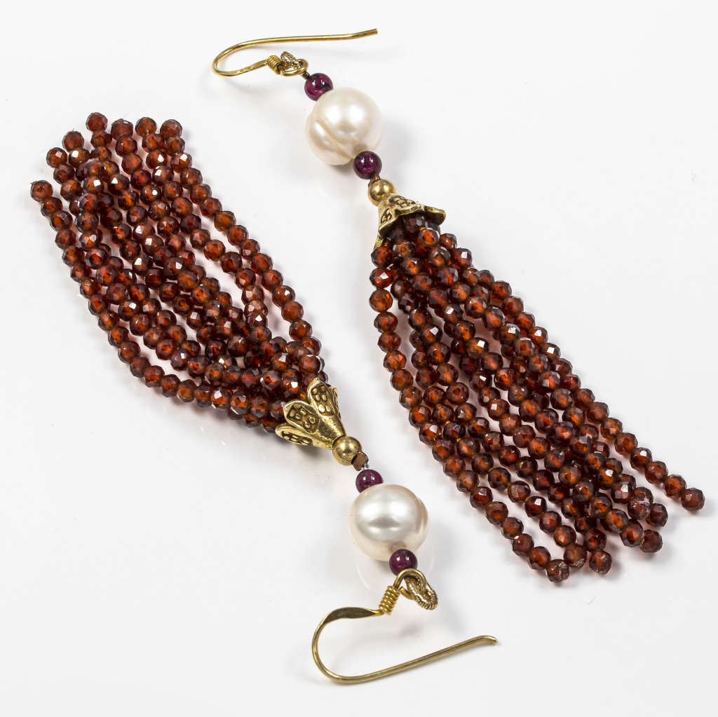 NATURAL RED GARNET AND PEARL LONG WATERFALL STERLING SILVER EARRINGS