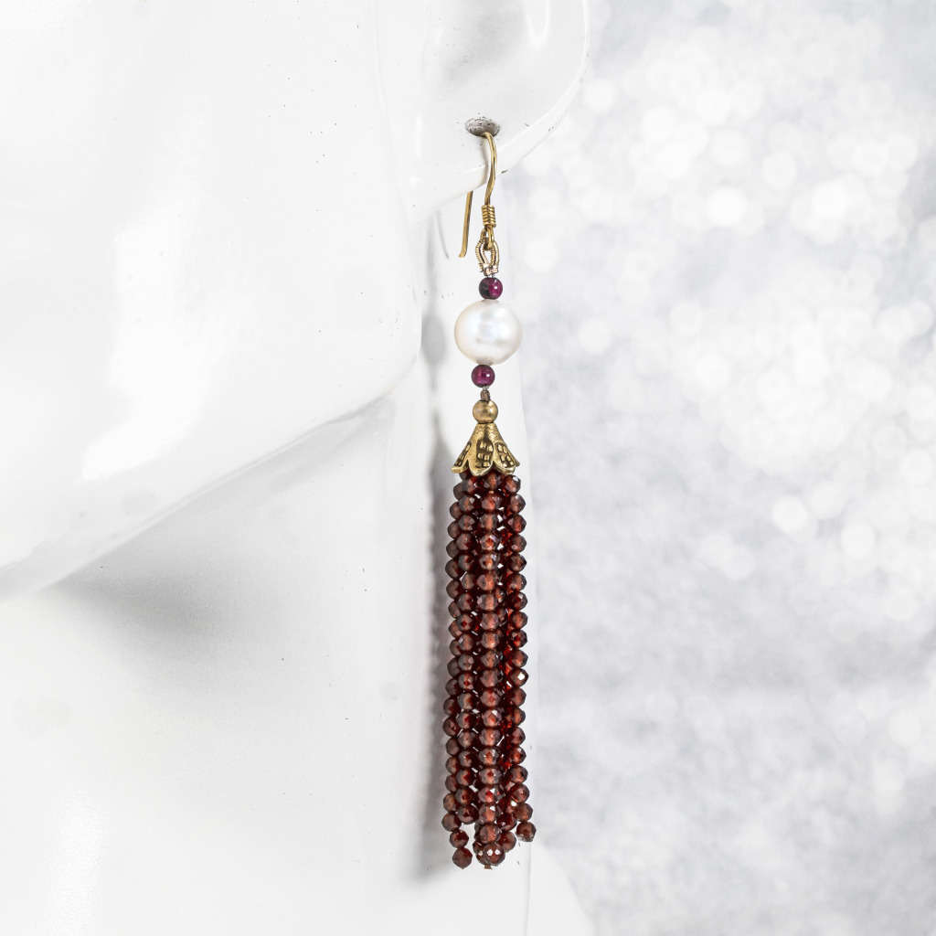 NATURAL RED GARNET AND PEARL LONG WATERFALL STERLING SILVER EARRINGS