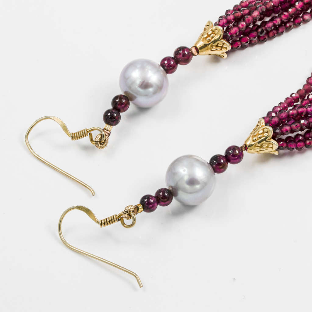 NATURAL RED GARNET AND PEARL LONG WATERFALL STERLING SILVER EARRINGS