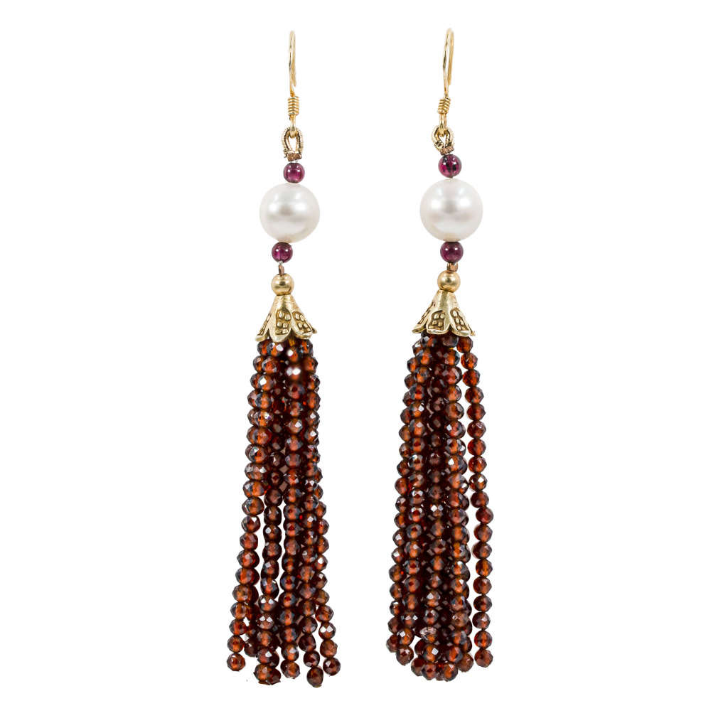 NATURAL RED GARNET AND PEARL LONG WATERFALL STERLING SILVER EARRINGS