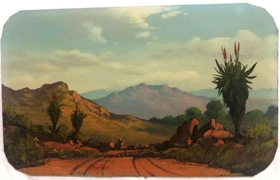 J M DE BEER - OIL PAINTING - VIEW FROM A TRACK IN THE MOUNTAINS