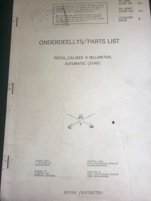 SADF - PARTS LIST  AUTOMATIC PISTOL  CALIBER 9 MILLIMETER  STAR  (ORIGINAL  1976)
