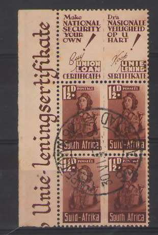 SACC97 1½D BANTAM WAR CORNER POSITIONAL BLOCK OF 4 WITH CT CANCEL VFU