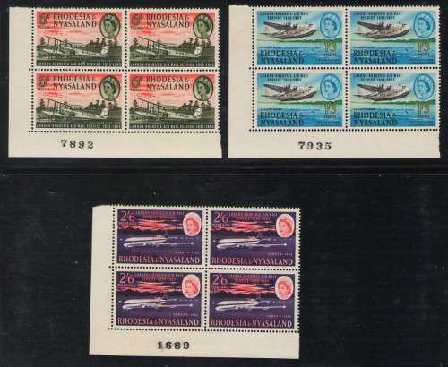 RHODESIA AND NYASALAND FIRST AIRMAIL SERVICE CONTROL BLOCKS OF 4 UMM CV R650