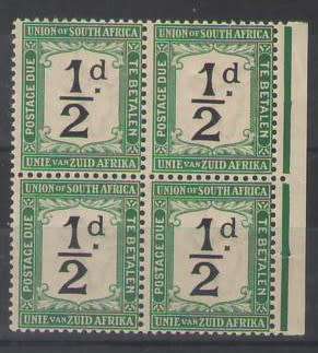 POSTAGE DUE HALF D SACC1 MARGINAL BLOCK OF 4 SUPERB UMM