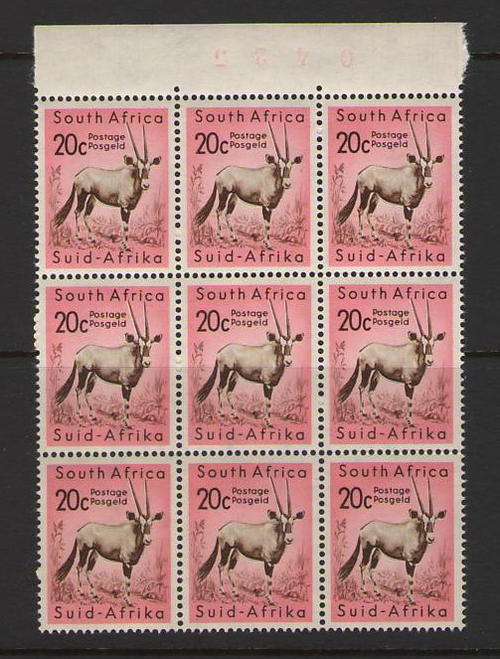 SACC 194 20C GEMSBOK NUMBERED BLOCK OF 9 SUPERB UMM