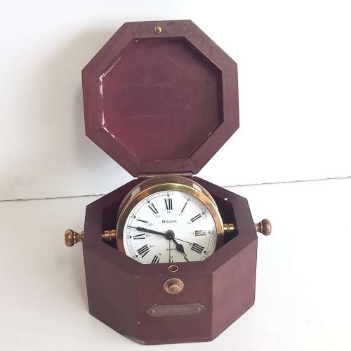 BULOVA QUARTERMASTER MARITIME CLOCK IN WOODEN CASE MODEL B7910