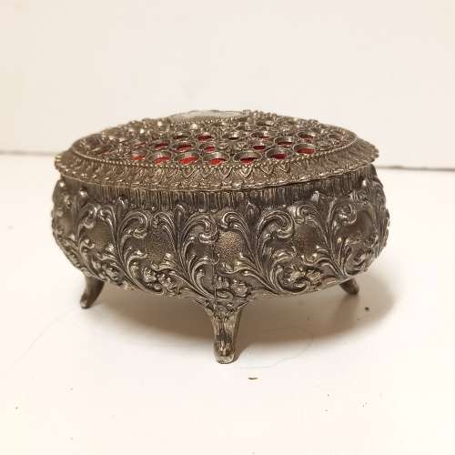 ORNATE WHITE METAL AND SCARLET TRINKET/JEWELLERY BOX