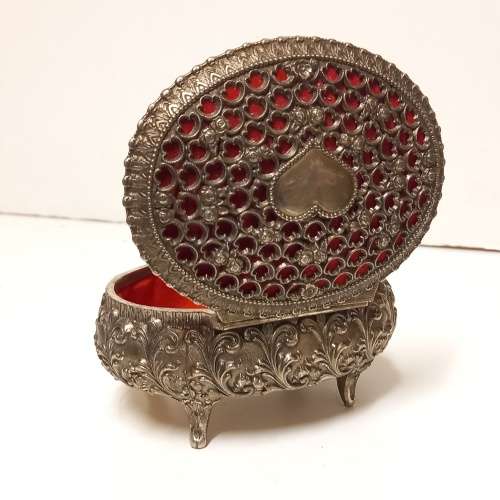 ORNATE WHITE METAL AND SCARLET TRINKET/JEWELLERY BOX