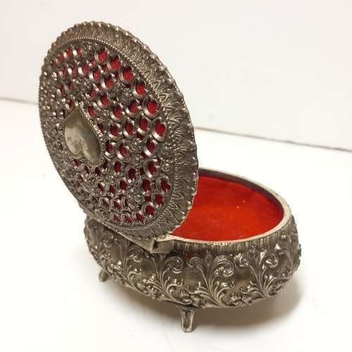 ORNATE WHITE METAL AND SCARLET TRINKET/JEWELLERY BOX