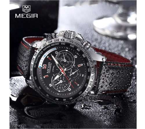 *RACING BLACK* MEGIR CHRONOMETER Luxurious Leather Timepiece