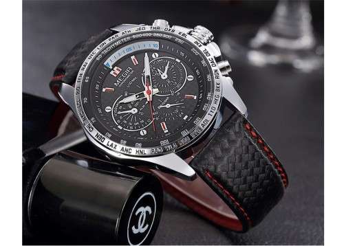 *RACING BLACK* MEGIR CHRONOMETER Luxurious Leather Timepiece