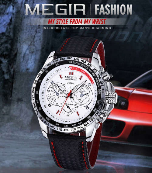 *TACHYMETER* MEGIR CHRONOMETER Luxurious Leather Timepiece