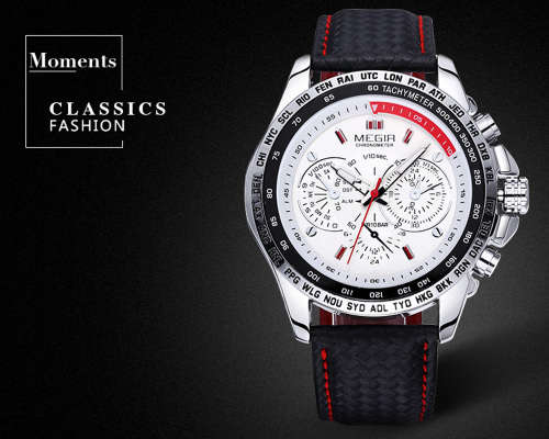 *TACHYMETER* MEGIR CHRONOMETER Luxurious Leather Timepiece