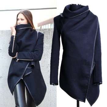 Women Trench Woolen Coat Irregular Turtleneck Jacket Zipper Slim Coat