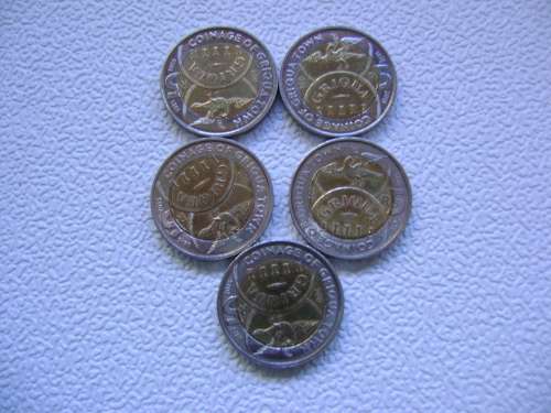 2015 COINAGE OF GRIQUA TOWN R5. BID PER COIN TO TAKE ALL 5.