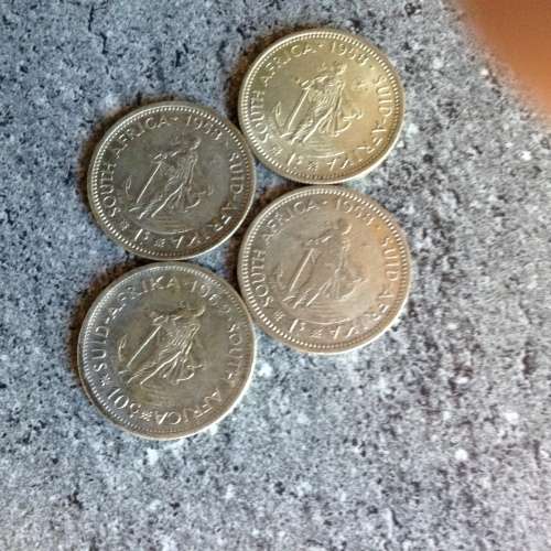 1962,1958,1958, and a 1958 SA 1 SHILLING SILVER COINS. BID 1 FOR 4.
