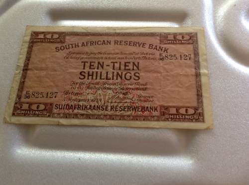 1938 J. POSTMUS 10 SHILLING BANKNOTE. ONLY ISSUE.ENG. OVER AFR.SEE DESC. VAN RIEB- AND SHIP WATERM.